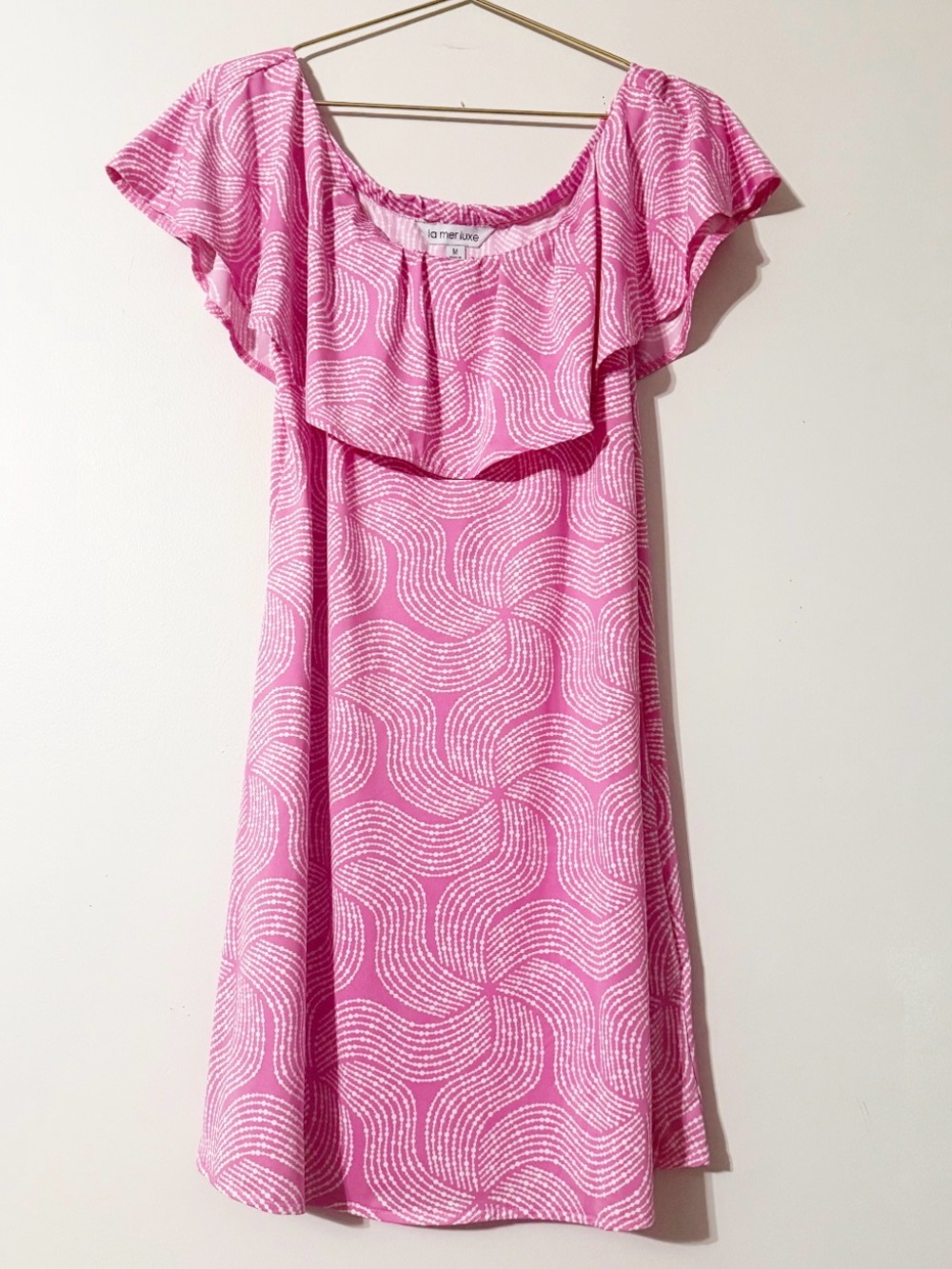 La Mer Luxe Off The Shoulder Dress Sleeveless Ruffle Pink White Print Size M